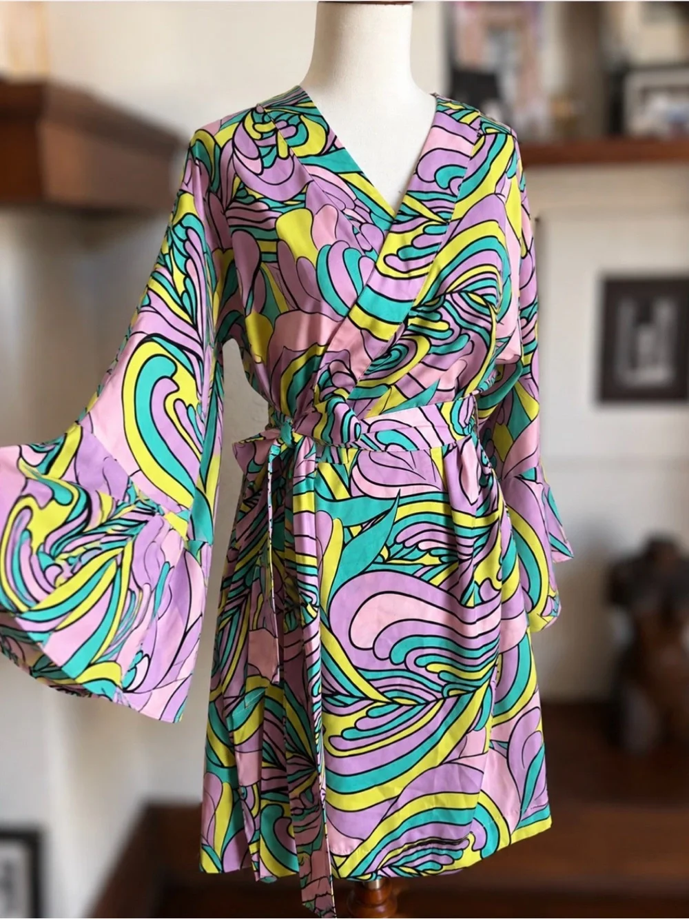 Giuliana x BeautyBio Psychedelic Print Wrap Dress | Kimono with Bell Sleeves | S - Picture 3 of 7